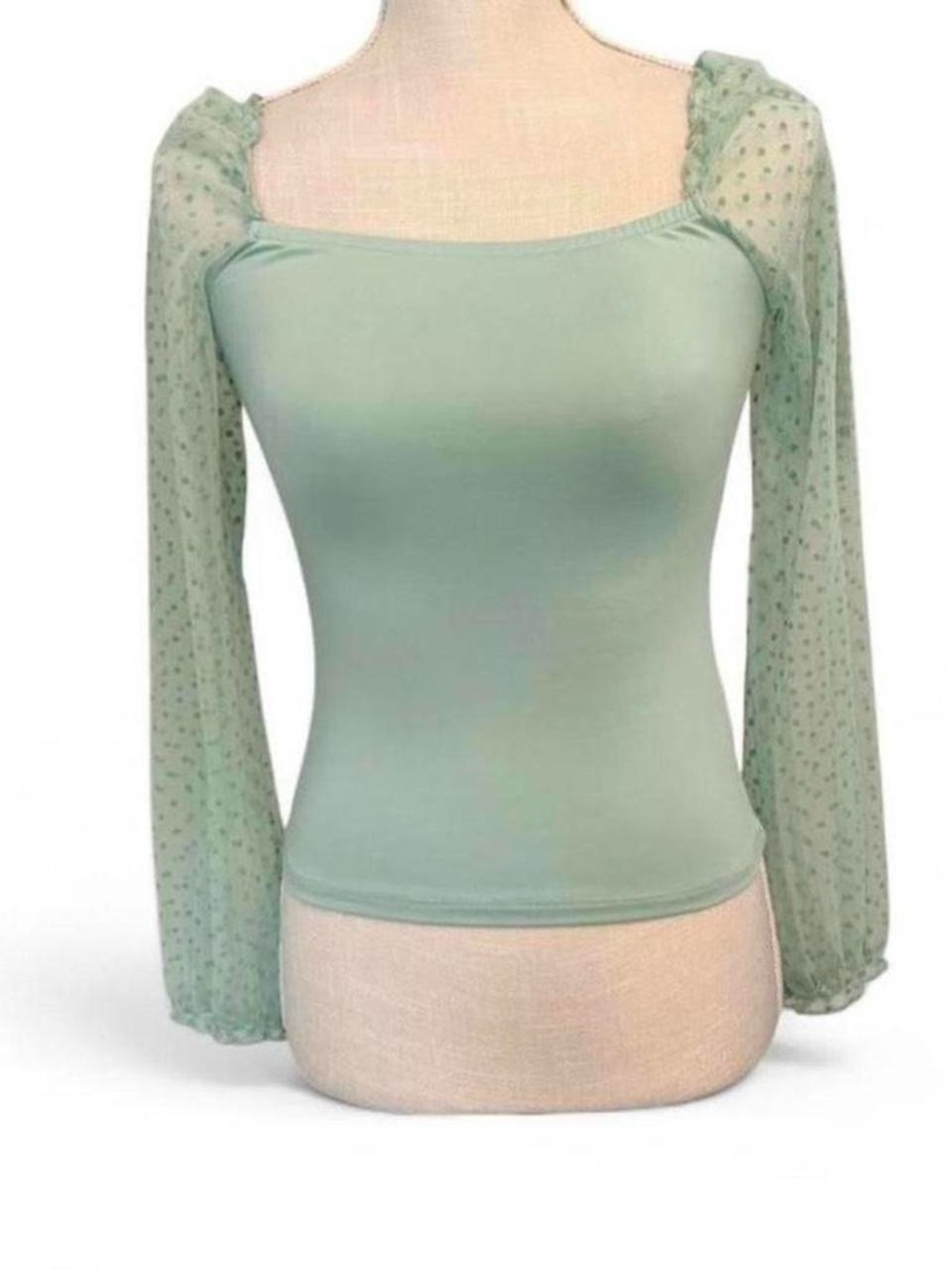 Beautiful Square-Neck Green Blouse with Sheer Polka Dot Sleeves